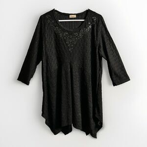 Studio Gem Q Black Tunic Top Asymmetrical Hem 3/4 Sleeve Women’s XL Vintage ￼